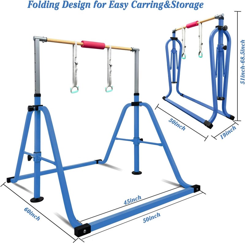 GLANT Gymnastics Bar for Kids with Rings Set, 7 Heights Adjustable Easy Folding Gymnastic Training Bar Kids Monkey Horizontal Bars - Max Load 300LBS - Image 5
